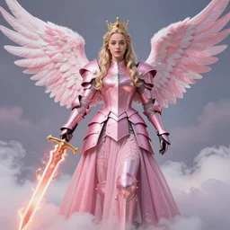 gorgeous!! hyper - realistic woman resembling emilia clarke as a princess wearing ornate pink knight armor, angel wings, angemon l holding a fiery long sword | divine, elegant, ethereal, heavenly, clouds, cute, beautiful, holy, fantasy | illustration, intricate, high detail, ultra graphics, digital painting | drawn by wlop, drawn by jeehyung lee, drawn by artgerm