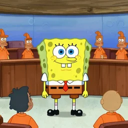 frame from tv show, [ bubble bass ] from the show'spongebob squarepants'standing at trial in front of jury, in orange prison uniform