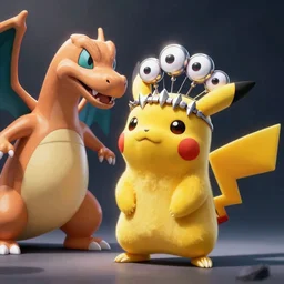 an evil pikachu with big sharp teeth and too many eyes looks hungrily at a charlizard