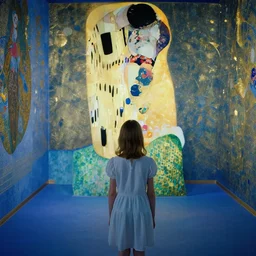 a young girl in a blue golden room, film still by edward hopper, by Bosch, by klimt, art noveau, highly detailed, strong lights, liminal, eerie, Bright pastel colors