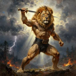 muscular lion as powerlifter with sword in epic pose and strong backlight  , very textured detailed oil painting panoramic backlight portrait by rembrandt, backlight, dramatic clouds, thunder storm and forest on fire  ,sun rays