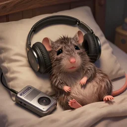 still of a crying anthropomorphic rat laying in bed with a Walkman and headphones in a Disney Pixar movie, 35mm f2.8 4k, artstation, PBR materials, Pixar Renderman render, sad scene