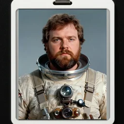 a id card photograph of a slightly chubby, bearded space miner, 1 9 8 0 s science fiction, film still, ridley scott,