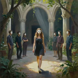 girl in mask portrait, walking through an ambient light - filled courtyard, morning light, romanesque architecture, chiaroscuro, atmospheric, light cascading, lush, fantastical, lowbrow, pop surrealism, avery palmer, mark ryden, mike davis, marion peck, camille rose garcia, todd schorr and ray caesar, oil on canvas