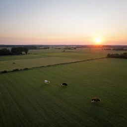 an aerial shot of a rural landscape with fields and cows, Sunset, tilt shift