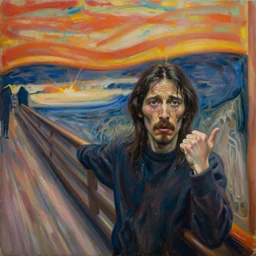 An Oil Painting of Rivers Cuomo in a sweater with long hair and a mustache sweating bullets as he imitates The Scream pose in his apartment after seeing kim jong un's nukes falling onto the city, hyperrealistic, extremely realistic, highly realistic, HD Quality, 4k resolution, 8k resolution, Detailed, Very Detailed, Highly Detailed, Extremely Detailed, Intricate Details, Real, Very Real, Oil Painting, Digital Painting, Painting, Trending on Deviantart, Trending on Artstation
