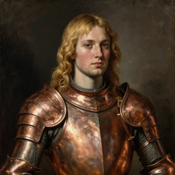 rugged mackenzie davis, blonde hair, wearing copper armour, portrait, oil painting by titian, masterpiece, hard focus