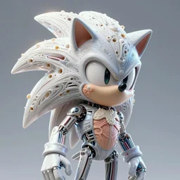 intricate hyper detailed ultra sharp 3 d render of sonic the hedgehog medium shot portrait, kymberly rorick style, 1 5 0 mm, global illumination, radiant light, biomechanical cyborg white large pore fungi, cyberpunk art nouveau large haute couture white dahlia transparent fractal bones, flesh ornate facial muscles, cable wires, elegant, hyper realistic, ultra detailed, octane render, volumetric cinematic lighting, 8 k postproduction