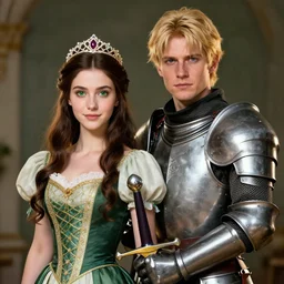 portrait of a young couple a green - eyed brunette in a dress and a tiara and a blonde strong with a sword and in armor portrait, 8 k uhd, unreal engine, octane render in the artstyle of finnian macmanus, john park and greg rutkowski