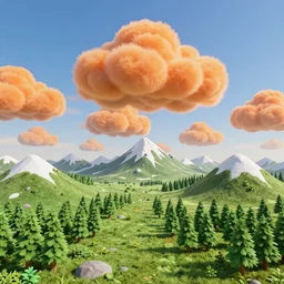 a beautiful 3 d fantasy landscape art, orange clouds in the blue sky and green trees, snowy mountains, 3 d art, unreal engine 5, hyper realism