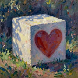 beautiful impressionist painting of companion cube heart on side