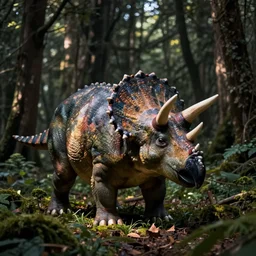 a triceratops in a dark forest