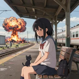 sad anime girl with her little kitty sitting at an abandoned train station with an atomic explosion happening in the distance yumei art, Artstation 8k hyper detailed image