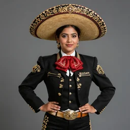 Studio Photo of a beautiful female Indian model in a Mariachi costume, 4k resolution, 88mm lens, 8k