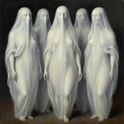 oil painting highly detailed surreal ghosts with no faces, remedios varo
