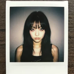 atmospheric polaroid photograph of a japanese girl with emo makeup and long hair, fringe