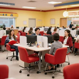 a theme park with red chairs and happy office workers