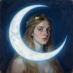 'Artemixel', the modern reincarnation of the old selenium god of hunt, also known as 'Artemis the Selene', carrying the celebrated 'Crown of the Crescent Moon', wich its usual bright and slightly bluish crescent like the brightness of the night. Portrait by Paul Bonner, oil on canvas