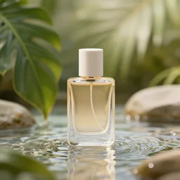 perfume bottle sitting on a small clear tropical waterfall, close up shot, upfront, surrounded by tropical leaves, blurred tropical background, softly - lit, soft - warm, zen, light, modern minimalist f 2 0 clean