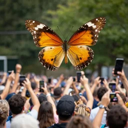 a giant butterfly is seen above the crowd, by craig mullins