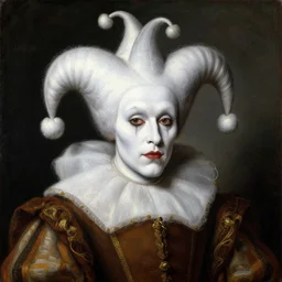 evil harlequin white makeup, sixteenth century portrait, exquisitely painted, oil on canvas fantasy surreal art