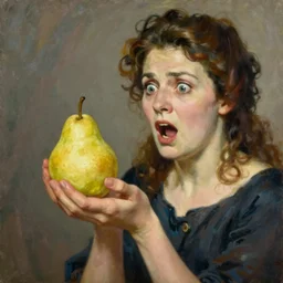 beautiful painting with a woman being scared by a pear which she is holding, painting by JC Leyendecker and Gil Elvgren and Thomas Kinkade