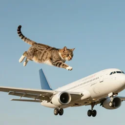 a cat flying above a plane