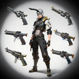 several cyberpunk weapon designs , Kim Jung Gi, trending on Artstation, 8K, ultra wide angle, pincushion lens effect.