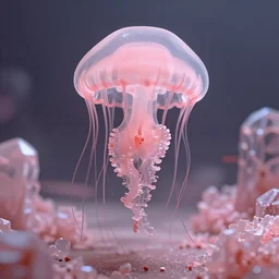 16k render,hyperrealistic,ultra-detail,8k,super wide angle,hyper detaile,translucent,jelly fish,pink crystal,softness,front
