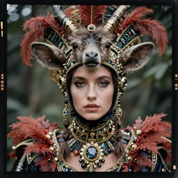 kodak portra 4 0 0, wetplate, photo, weird fashion, in the nature, highly detailed face, very beautiful model, portrait, close up, extravagant dress, carneval, animal, wtf, photographed by paolo roversi style and julia hetta