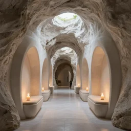 arc hallway for secret overwatch habitation quarters carved inside a cave, sheltered, magical, natural light, candle light, cinematic lighting, clean lines, cozy, fantasy, minimalist architecture, sharp focus, concept art, by greg rutkowski and craig mullins,, octane render 8 k