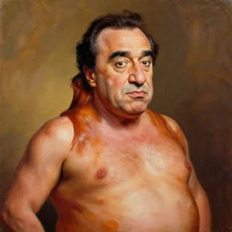 painting portrait of danny devito as a rum ham, cartoon, warm lighting, danny devito has a rum ham body, danny devito's face on a rum ham. movie poster, trending on art station
