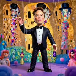 the world's richest man is a ventriloquist dummy from heaven!, psychedelic bliss trip, elon musk! as the puppet master, strings attached to the puppet, patterned skin, trending on artstation, photorealism, vibrant colors, digital art, in the style of harumi hironaka, gustav klimt, egon schiele, octane render, establishing shot.