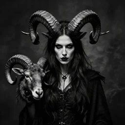 epic dramatic portrait of a scandinavian undead witch female with animal horns ram, satanic kvlt by peder balke by peder balke by greg rutkowski, by guido crepax by norman bluhm mystic high contrast monochromatic noir angst