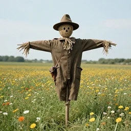 scarecrow in beautiful meadow of flowers, ww1 photo, grainy, high detail, high resolution,