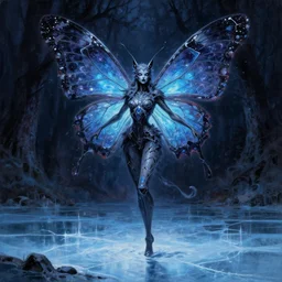 a tall slender butterfly priestess made of shattered hopes and mystical dreams, grimdark fantasy painting of a cosmic butterfly on a shadowed forest background. a fursona of a butterfly goddess dancing on a frozen lake in the darkness void realm. a painting in neon inks, by wayne reynolds, by carl critchlow - - steps 5 0
