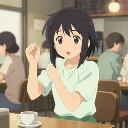 anime film visual illustration a young woman working in a busy cafe interior, cute face by ilya kuvshinov, makoto shinkai, kyoani, masakazu katsura, dynamic pose, crisp and sharp, yoshinari yoh, rounded eyes, anime poster, ambient light, focused, flat, cel shaded