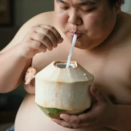 fat person drinking coconut milk, highly detailed, sharp, cinematic, 8 k,