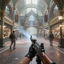 a first person shooter game trailer on a victorian shopping mall, cinematic lightning, ray tracing, unreal engine 5, photorealistic, holding a ak - 4 7, fps game concept, extremely detailed, foggy, in - game footage