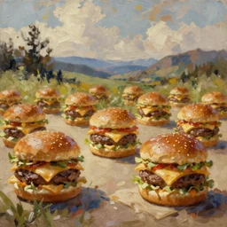 landscape made of cheeseburgers, cinematic shot, ultra wide shot, oil painting by jama jurabaev, extremely detailed, brush hard, artstation, high quality, brush stroke