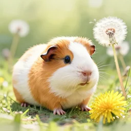 guinea pig and dandelions. watercolor by award - winning mangaka, backlighting, relaxed mood, pastel palette, depth of field, painting, macro photography.