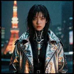 detailed portrait kodak portra 8 0 0 ; grainy film pretty young girl storm rain bladerunner movie reflective jacket coat, tokyo 2 0 9 4. exoskeleton fashion, eye shine. model standing, rim light, fill light, octane render, hyper - realistic, 8 k, art photography, denoised photorealistic render, insanely detailed intricate futuristic sci - fi fashion, royal attire perfect face, fine details, realistic shaded, fine - face, pretty face