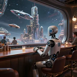 lonely barmen human - like robot sitting in the futuristic bar with visitors and looking in the huge window where he see enoughromous space city on the spaceship and flying cars, 8 k, hyperrealistic, unreal engine