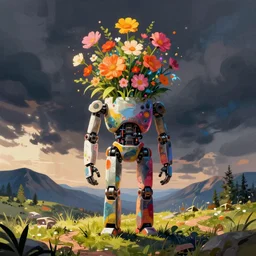 colorful ilya kuvshinov, mcbess, rutkowski, illustration of robot with flowers growing from the top