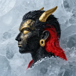 a black and golden and red head made out of melting ice