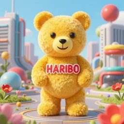 portrait of haribo bear in future city, color and shape focus, central composition, natural light, bloom, puff, by simon stalenhag and rene mag
