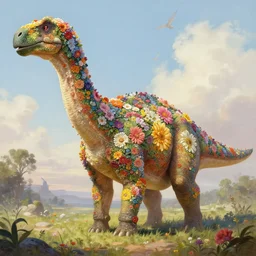 Beautiful digital painting of monumental herbivorous dinosaur covered with flowers by Greg Rutkowski and James Gurney, trending on Artstation, deviantart, ultra detail, flower dinosaur
