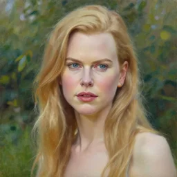 closeup portrait of nicole kidman full figure in the garden, morning, highly detailed, ultrarealistic oil painting, vladimir volegov, artstation