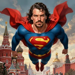 epic comic book cover of stalin as superman floating over the red square ( moscow ), socialist realism, aesthetically pleasing, finely detailed facial features, hyperrealistic, intricate digital art, trending artstation, artgem, rich moody colors, fan art, concept art, in the style of the red son, by cory walker and ryan ottley