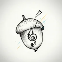 a clean single line drawing sketch for a tattoo, acorn that turns into a tree that is also a treble clef with scar line in the middle, clean single line tattoo with bursts of color, isometric